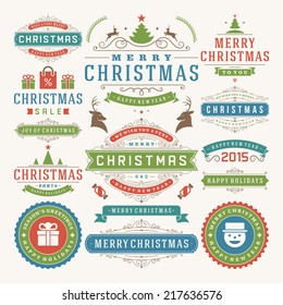Christmas decoration vector design elements. Merry Christmas and happy holidays wishes.Typographic elements, vintage labels, frames, ornaments and ribbons, set. Flourishes calligraphic. 