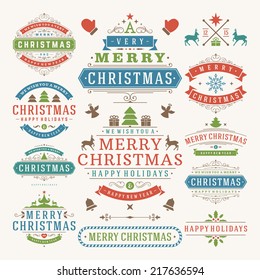 Christmas decoration vector design elements. Merry Christmas and happy holidays wishes.Typographic elements, vintage labels, frames, ornaments and ribbons, set. Flourishes calligraphic. 