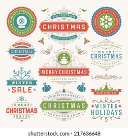 Christmas decoration vector design elements. Merry Christmas and happy holidays wishes.Typographic elements, vintage labels, frames, ornaments and ribbons, set. Flourishes calligraphic. 