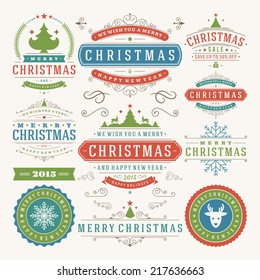 Christmas decoration vector design elements. Merry Christmas and happy holidays wishes.Typographic elements, vintage labels, frames, ornaments and ribbons, set. Flourishes calligraphic. 