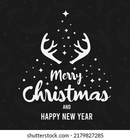 Christmas decoration vector design elements. Spruce with deer antlers consisting of stars and snowflakes. Typographic element for New Year designs, logos, Merry Christmas greetings.