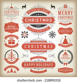 Christmas Decoration Vector Design Elements. Merry Christmas and Happy Holidays wishes.Typographic elements, Vintage Labels, Frames, Ornaments and ribbons, set. Flourishes calligraphic. 