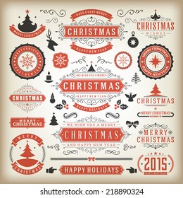 Christmas Decoration Vector Design Elements. Merry Christmas and Happy Holidays wishes.Typographic elements, Vintage Labels, Frames, Ornaments and ribbons, set. Flourishes calligraphic. 