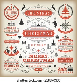 Christmas Decoration Vector Design Elements. Merry Christmas and Happy Holidays wishes.Typographic elements, Vintage Labels, Frames, Ornaments and ribbons, set. Flourishes calligraphic. 