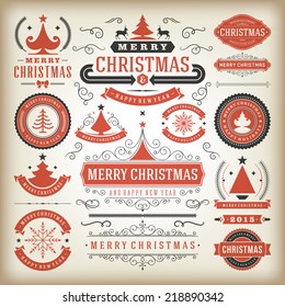 Christmas Decoration Vector Design Elements. Merry Christmas and Happy Holidays wishes.Typographic elements, Vintage Labels, Frames, Ornaments and ribbons, set. Flourishes calligraphic. 