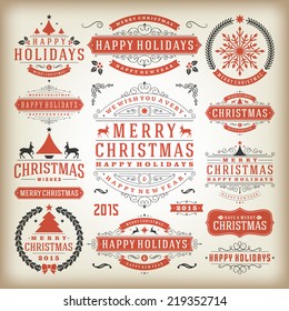 Christmas Decoration vector design elements. Merry Christmas and Happy Holidays wishes.Typographic elements, vintage labels, frames, ornaments and ribbons, set. Flourishes calligraphic. 