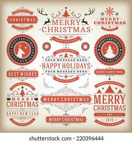 Christmas decoration vector design elements. Merry Christmas and happy holidays wishes.Typographic elements, vintage labels, frames, ornaments and ribbons, set. Flourishes calligraphic. 