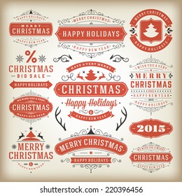 Christmas decoration vector design elements. Merry Christmas and happy holidays wishes.Typographic elements, vintage labels, frames, ornaments and ribbons, set. Flourishes calligraphic. 