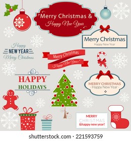 Christmas decoration vector design elements collection. Typographic elements, vintage labels, frames, ribbons, set. Flourishes calligraphic.