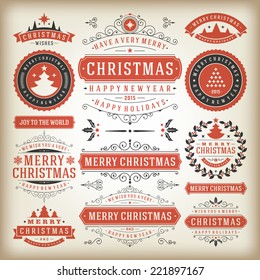 Christmas decoration vector design elements. Merry Christmas and happy holidays wishes.Typographic elements, vintage labels, frames, ornaments and ribbons, set. Flourishes calligraphic. 