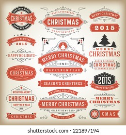 Christmas decoration vector design elements. Merry Christmas and happy holidays wishes.Typographic elements, vintage labels, frames, ornaments and ribbons, set. Flourishes calligraphic. 