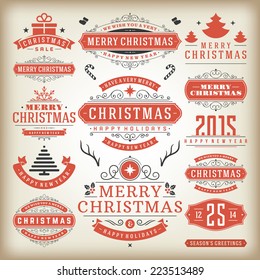 Christmas decoration vector design elements. Merry Christmas and happy holidays wishes.Typographic elements, vintage labels, frames, ornaments and ribbons, set. Flourishes calligraphic. 