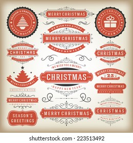 Christmas decoration vector design elements. Merry Christmas and happy holidays wishes.Typographic elements, vintage labels, frames, ornaments and ribbons, set. Flourishes calligraphic. 