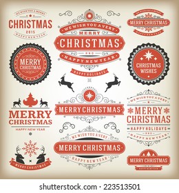 Christmas decoration vector design elements. Merry Christmas and happy holidays wishes.Typographic elements, vintage labels, frames, ornaments and ribbons, set. Flourishes calligraphic. 