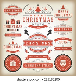 Christmas decoration vector design elements. Merry Christmas and happy holidays wishes.Typographic elements, vintage labels, frames, ornaments and ribbons, set. Flourishes calligraphic. 