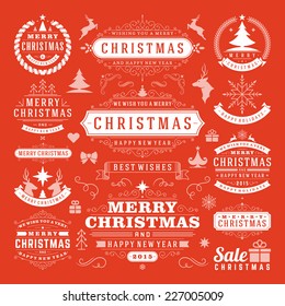 Christmas Decoration Vector Design Elements. Merry Christmas and happy holidays wishes.Typographic elements, vintage labels, frames, ornaments and ribbons, set. Flourishes calligraphic. 