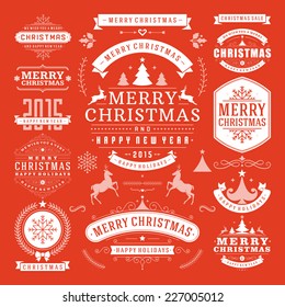 Christmas Decoration Vector Design Elements. Merry Christmas and happy holidays wishes.Typographic elements, vintage labels, frames, ornaments and ribbons, set. Flourishes calligraphic. 