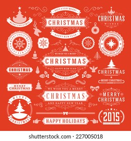 Christmas Decoration Vector Design Elements. Merry Christmas and happy holidays wishes.Typographic elements, vintage labels, frames, ornaments and ribbons, set. Flourishes calligraphic. 