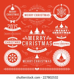 Christmas Decoration Vector Design Elements. Merry Christmas and happy holidays wishes.Typographic elements, vintage labels, frames, ornaments and ribbons, set. Flourishes calligraphic. 