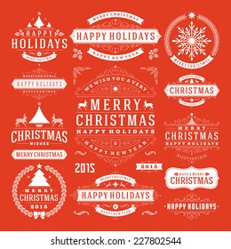 Christmas Decoration Vector Design Elements. Merry Christmas and happy holidays wishes.Typographic elements, vintage labels, frames, ornaments and ribbons, set. Flourishes calligraphic. 