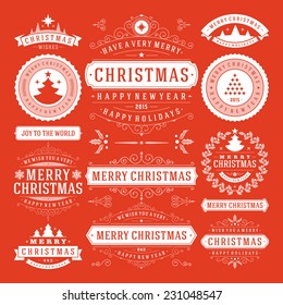 Christmas Decoration Vector Design Elements. Merry Christmas and happy holidays wishes.Typographic elements, vintage labels, frames, ornaments and ribbons, set. Flourishes calligraphic. 