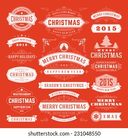 Christmas Decoration Vector Design Elements. Merry Christmas and happy holidays wishes.Typographic elements, vintage labels, frames, ornaments and ribbons, set. Flourishes calligraphic. 