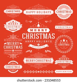 Christmas Decoration Vector Design Elements. Merry Christmas and happy holidays wishes.Typographic elements, vintage labels, frames, ornaments and ribbons, set. Flourishes calligraphic. 