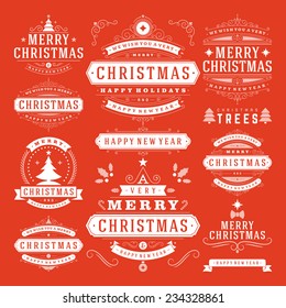 Christmas Decoration Vector Design Elements. Merry Christmas and happy holidays wishes.Typographic elements, vintage labels, frames, ornaments and ribbons, set. Flourishes calligraphic. 