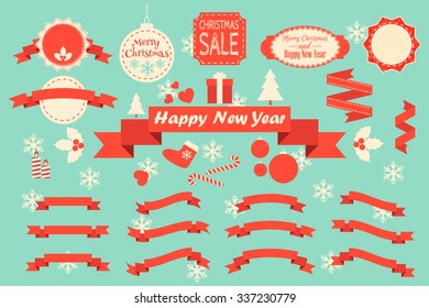 Christmas decoration vector design elements collection. Labels, frames, ribbons set. 