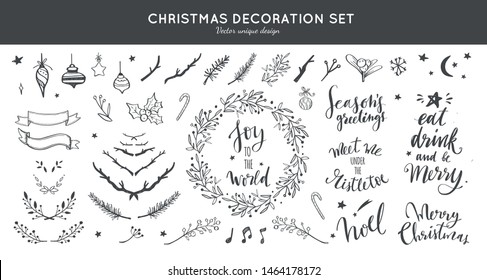 Christmas decoration vector hand drawn set.  Set  doodle festive laurels and brunches, wreath for Christmas, New Year. Handwritten Lettering, inspirational quotes