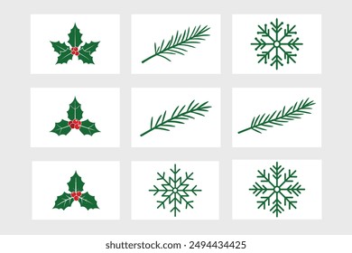 Christmas Decoration Vector Icons Collection Candy, Berries, Confetti, Tree, Socks, Truck, Snowflake, Holly Bell	
