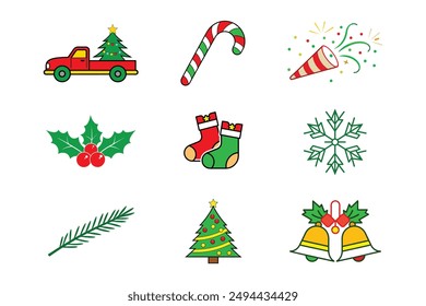 Christmas Decoration Vector Icons Collection Candy, Berries, Confetti, Tree, Socks, Truck, Snowflake, Holly Bell	
