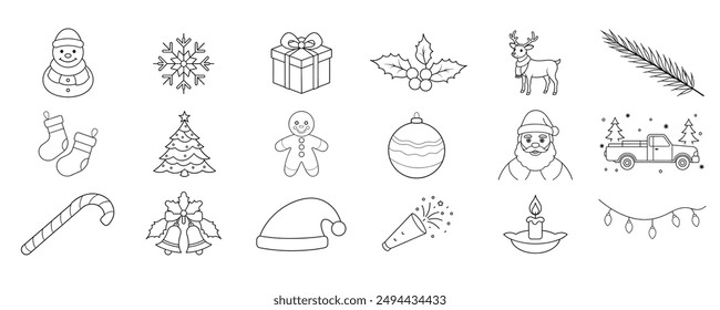 Christmas Decoration Vector Icons Collection Candy, Berries, Confetti, Tree, Socks, Truck, Snowflake, Holly Bell	
