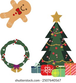 Christmas Decoration Vector Illustration Element. Pine Tree decorated with stars, balls, bells, candy canes and presents.  Ginger cookie and mistletoe. 