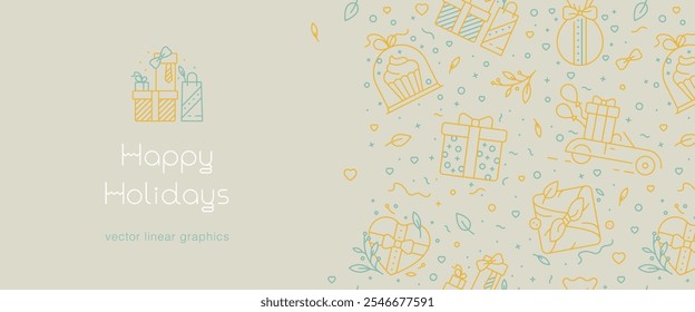 Decoração de Natal em estilo de arte vetorial de linha mínima. Presentes e presentes padrão perfeito - elementos de design de cores