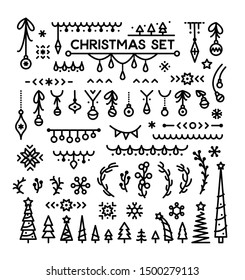 Christmas decoration vector linear illustrations set. Winter holiday symbols. Xmas black and white contour icons pack. Santa Claus hats isolated cliparts collection. New Year festive accessories decor