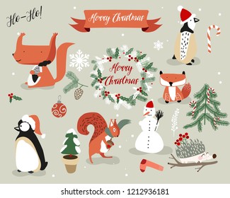 christmas decoration vector set with cute animals