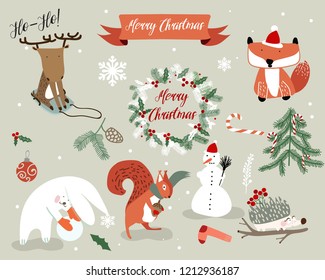 christmas decoration vector set with cute animals