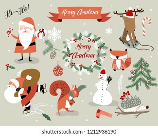 christmas decoration vector set with cute animals