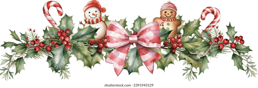 christmas decoration Watercolor vector illustration christmas border,ribbon,candy,cookies,snowman	
