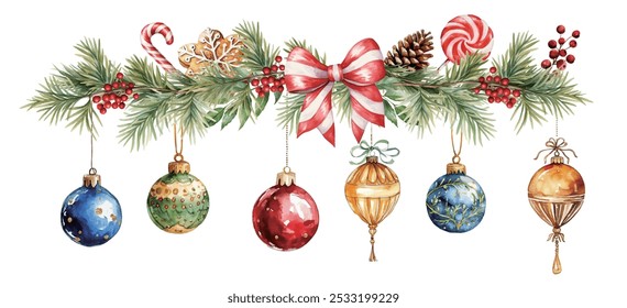 christmas decoration Watercolor vector illustration christmas border,ribbon,candy,festival set	
