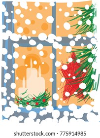 Christmas decoration of window. Candles and the tree in the house shown from the window. On the background of white snow. Colored vector illustration for greeting cards and posters.