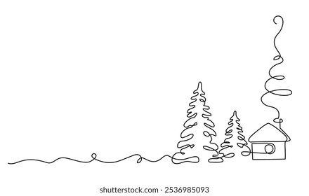 Christmas decoration. Winter country landscape. Small house and spruce trees. Continuous one line drawing. black linear sketch isolated on white background. Vector illustration