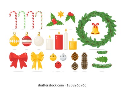 Christmas decoration and winter holiday design element. Candy cane, xmas ball, star, mistletoe leaf, spruce cone, bow, fir tree wreath, golden bell, wax candle vector illustration isolated on white