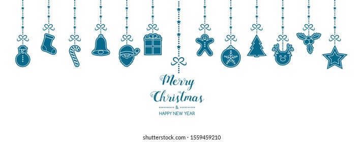 Christmas decoration with wishes and hanging hand drawn elements. Vector.