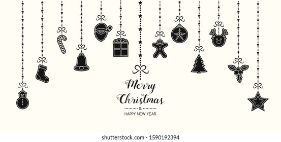 Christmas decoration with wishes and hanging hand drawn elements. Vector.