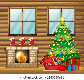 Christmas decoration in wooden house illustration