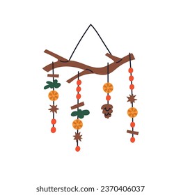 Christmas decoration, wooden tree branch with hanging natural ornaments. DIY Xmas adornment, winter holiday decor with cinnamon, cones, orange. Flat vector illustration isolated on white background