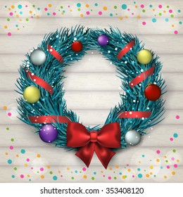 Christmas decoration wreath with colored balls and confetti. Vector.