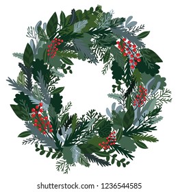 Christmas decoration wreath, evergreen branches, pine, berries, door wreath. Christmas wreath